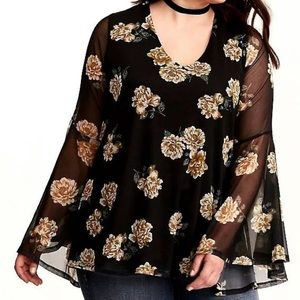 Torrid Black Floral Mesh Top With Bell Sle…